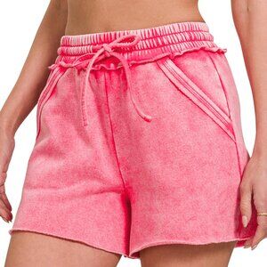 NWT Ladies Fuchsia Pink Acid Wash Fleece Drawstring Shorts with Pockets SM MD